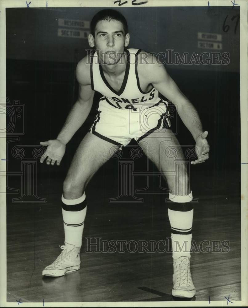 1967 Press Photo Basketball player Ted Mead (Aloquis) in defensive stance- Historic Images