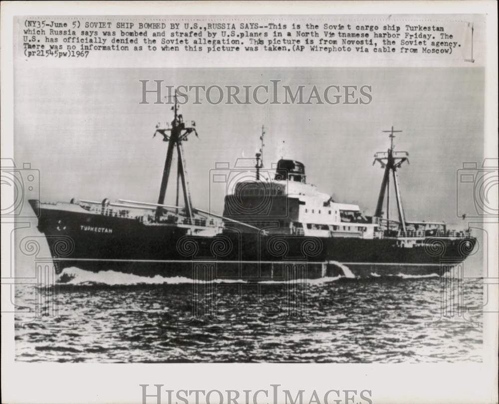1967 Press Photo Soviets Say Cargo Ship Turkestan Bombed by U.S., Vietnam- Historic Images