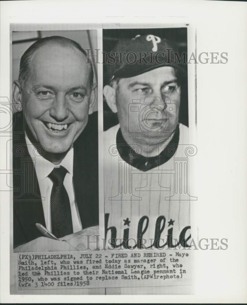 1958 Press Photo Portraits of Mayo Smith & Eddie Sawyer, Phillies Baseball, PA- Historic Images