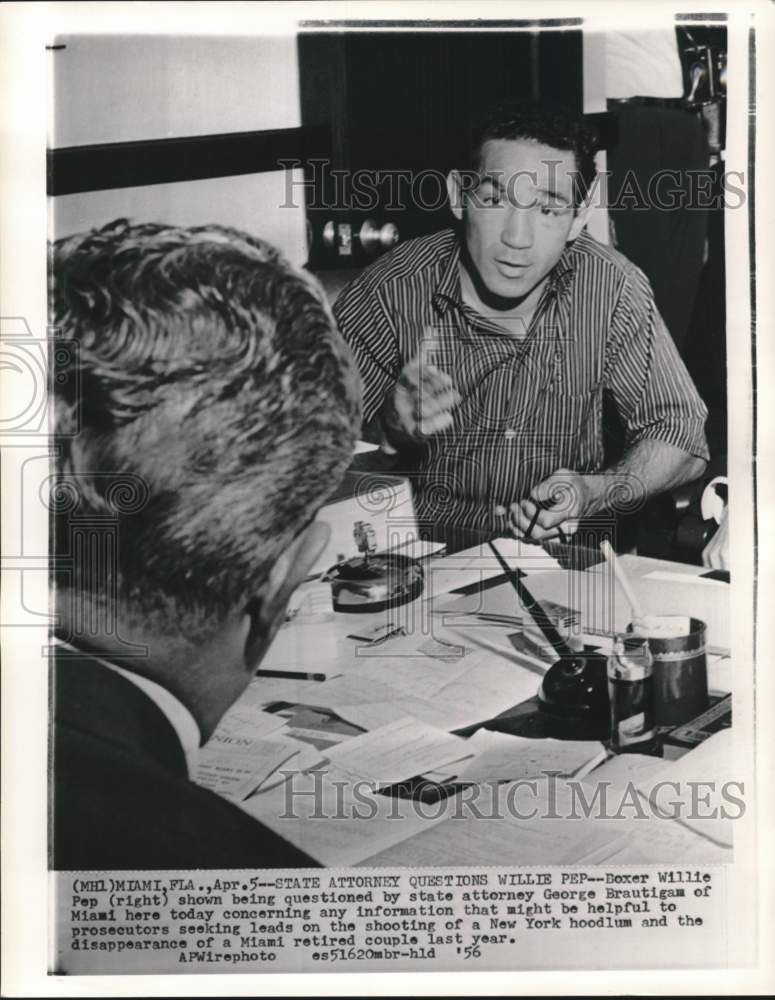 1956 Press Photo Boxer Willie Pep & Attorney George Brautigam, Miami, Florida- Historic Images