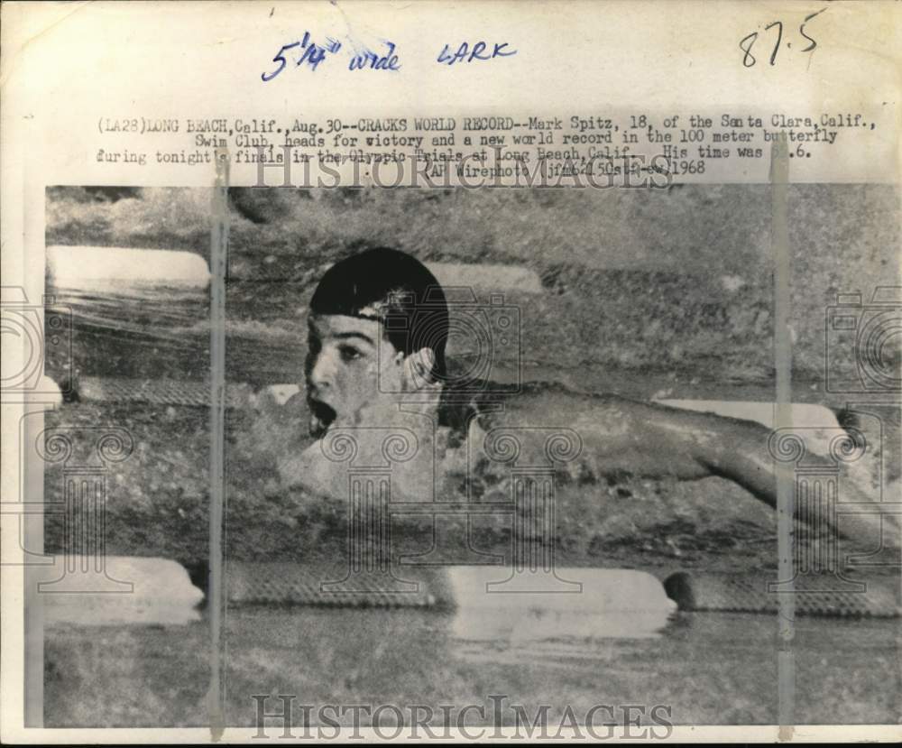 1968 Press Photo World Record Swimmer Mark Spitz At Olympic Trials In Long Beach- Historic Images