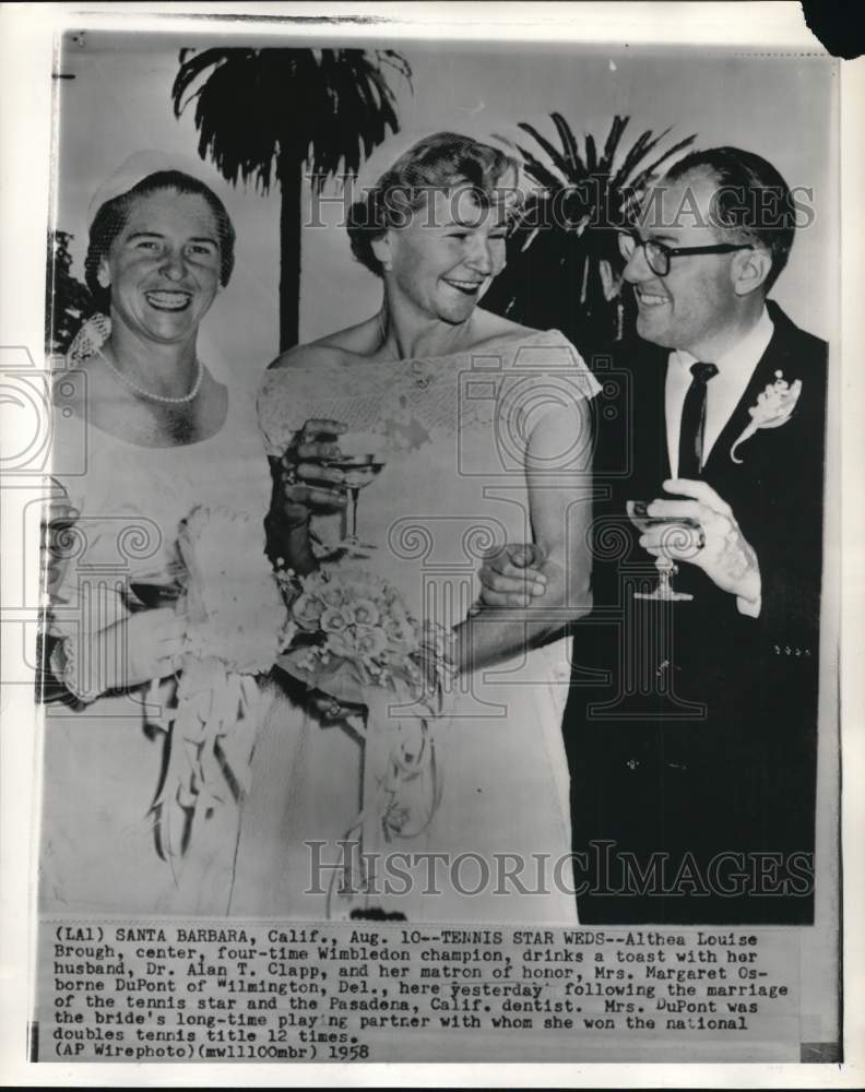 1958 Press Photo Tennis player Althea Louise Brough & Alan T Clapp's wedding, CA- Historic Images