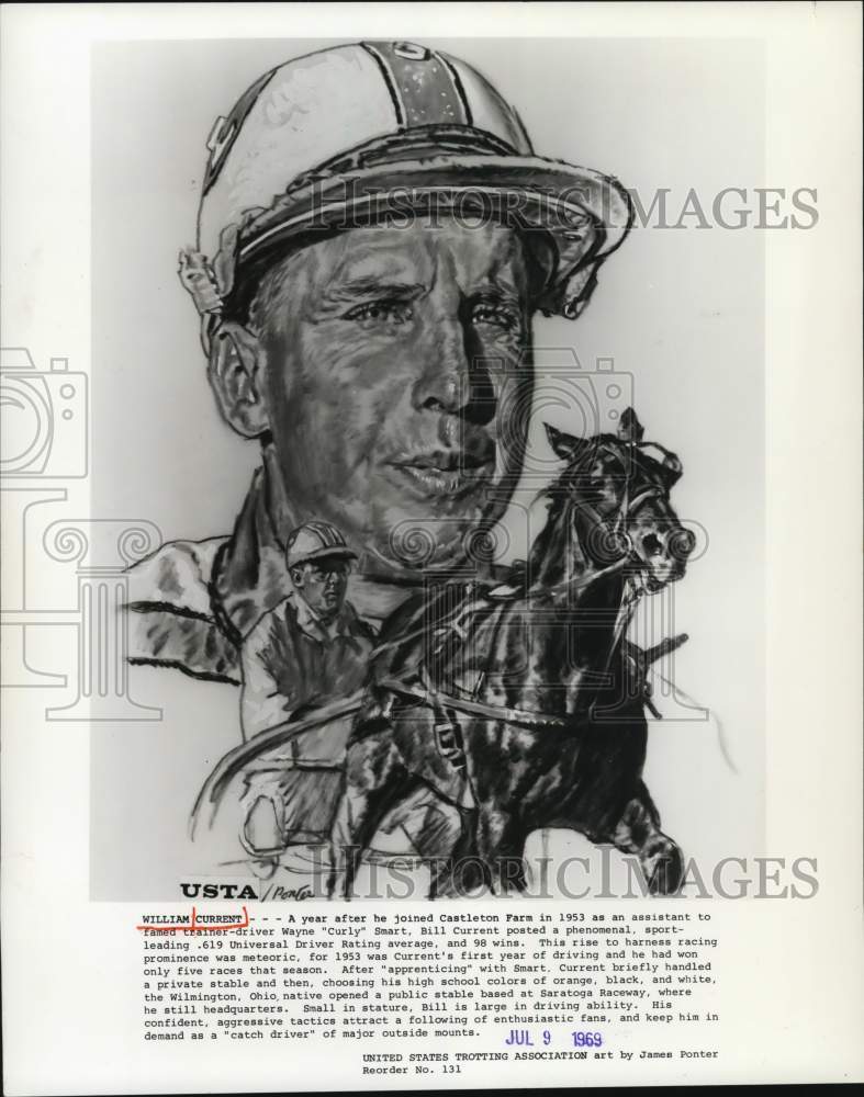 1969 Press Photo Drawing of New York jockey William Current by James Ponter- Historic Images