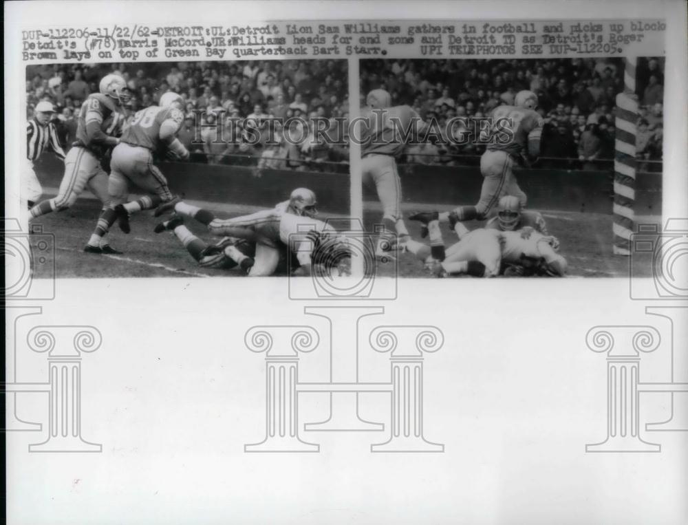 1962 Press Photo Lions Sam Williams, H McCord vs Packers Bart Starr - nea14945 - Historic Images