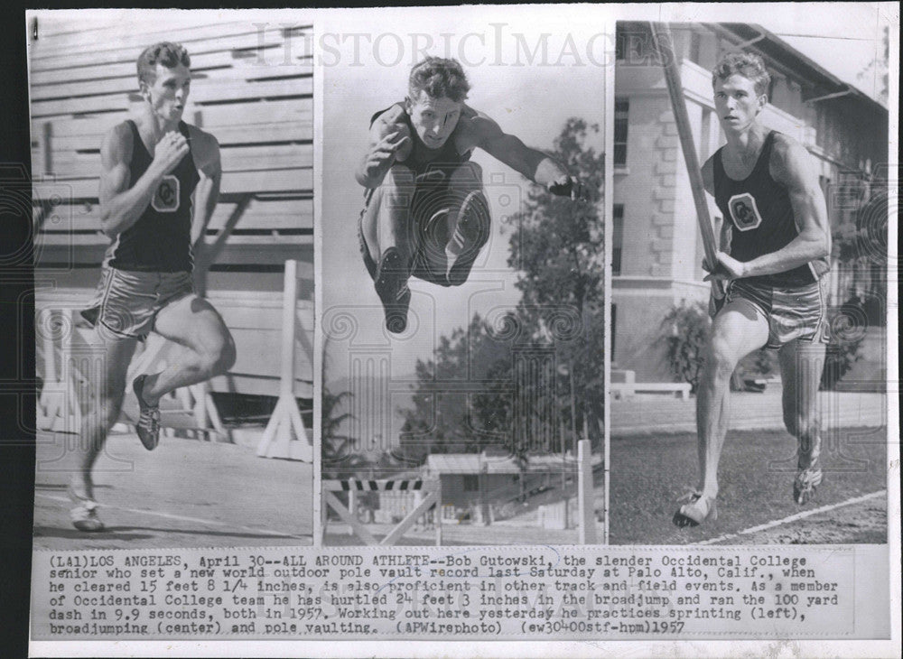 1957 Press Photo Bob Gutowski sets new pole vault record 15' 8 and 1/4 in - Historic Images