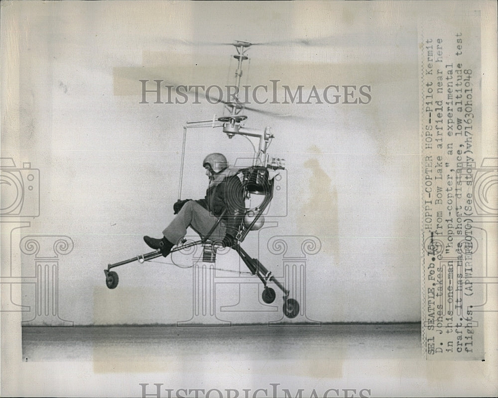 1948 Press Photo Pilot Kermit Jones tests the hoppicopter - Historic Images