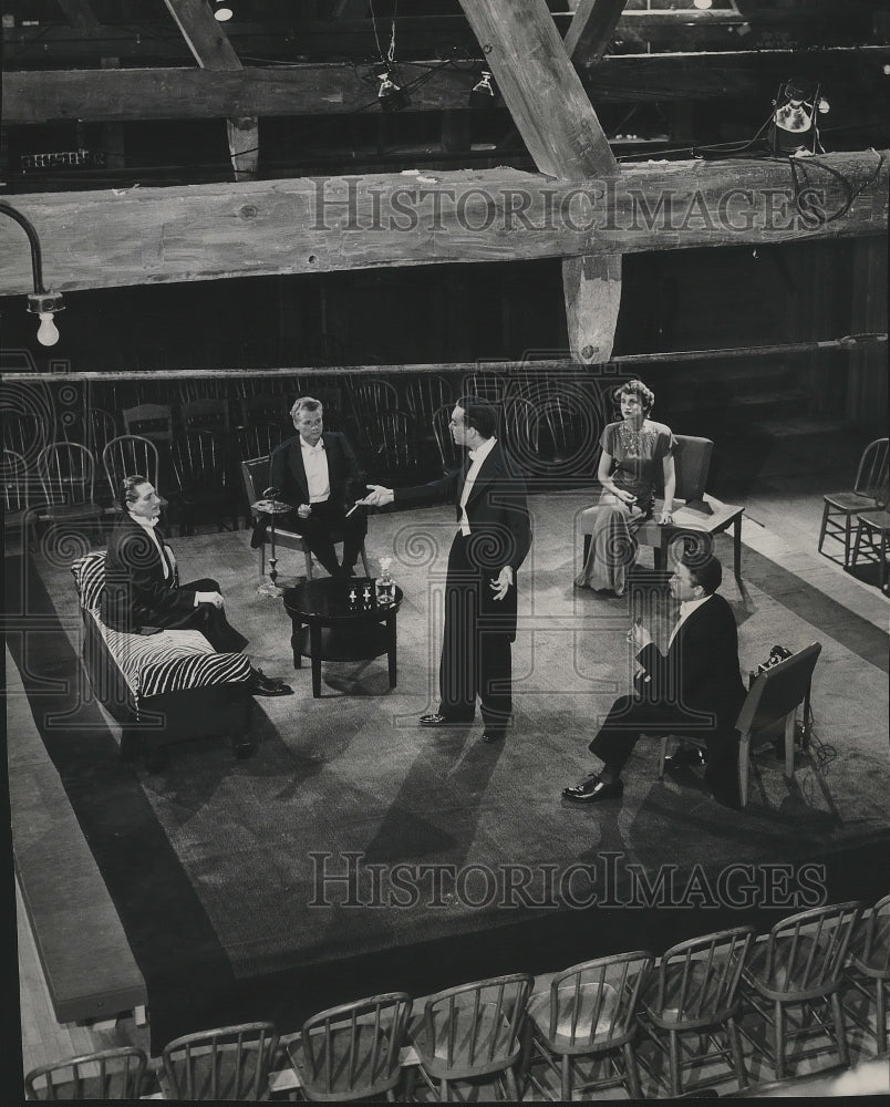1950, Members, Milwaukee Players, rehearse, in barn, summer theater - Historic Images