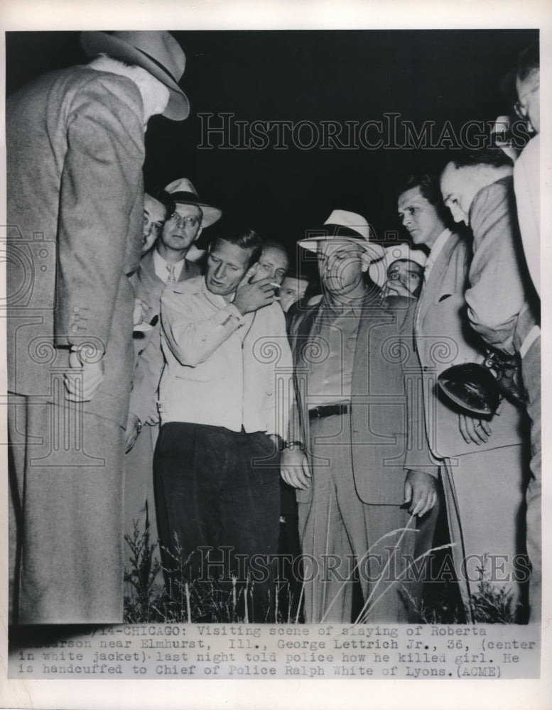 1950 Press Photo George Lettrich Shows Jury How He Committed Murder Of Girl - Historic Images