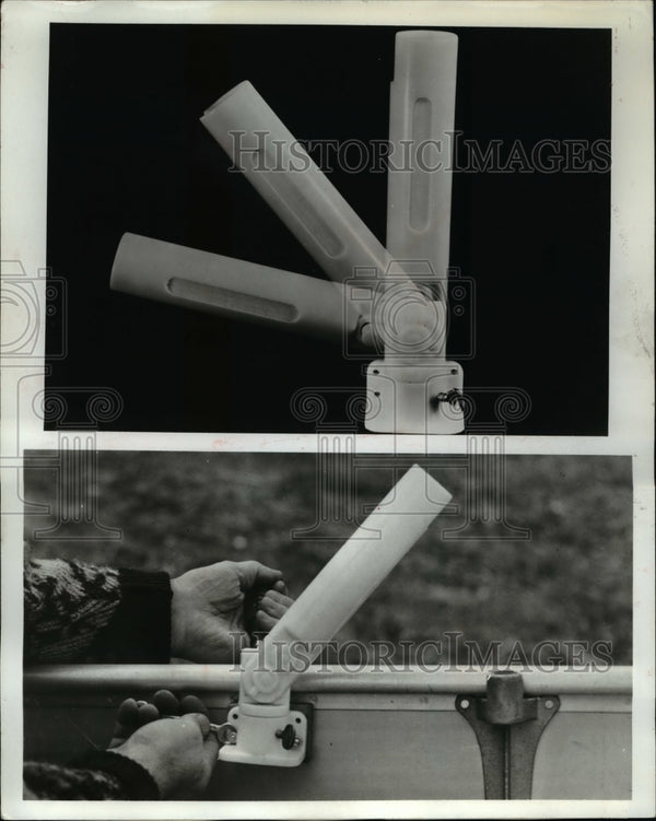 1969 Press Photo Fishing rod holder for boat mount to tend the rods