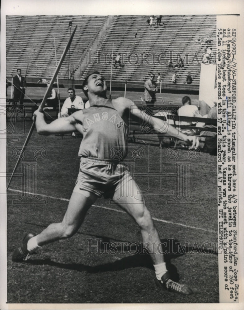 1960 Press Photo Bill Alley, Jayhawkers, Javelin, Track Meet Stanford California - Historic Images