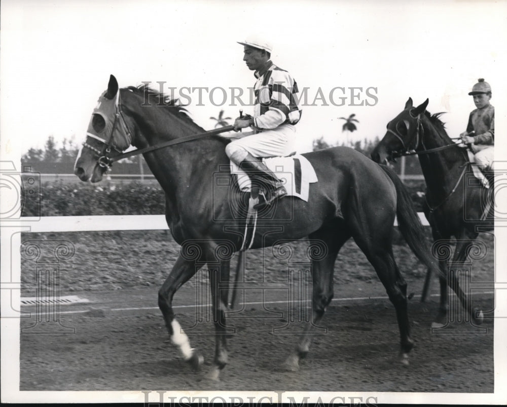 1935 Press Photo Jockey R Merritt on Purple Knight at Hialeah track in Fla - Historic Images