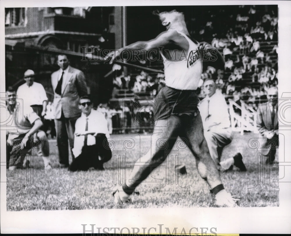 1957 Press Photo Miguel Salcedo Puerto RicoU at javelin throw in Philadelphia - Historic Images