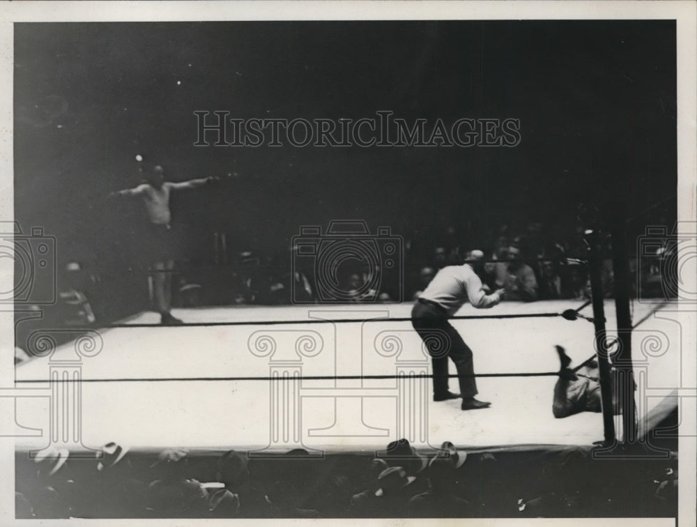 1930 Press Photo Jimmy McLarnin KOs Al Singer at Yankee Stadium bout in NYC - Historic Images