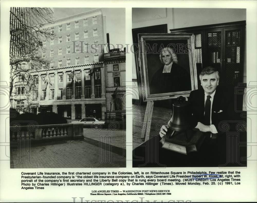 1991 Press Photo Robert Kloss of Covenant Life Insurance with Liberty Bell copy - Historic Images