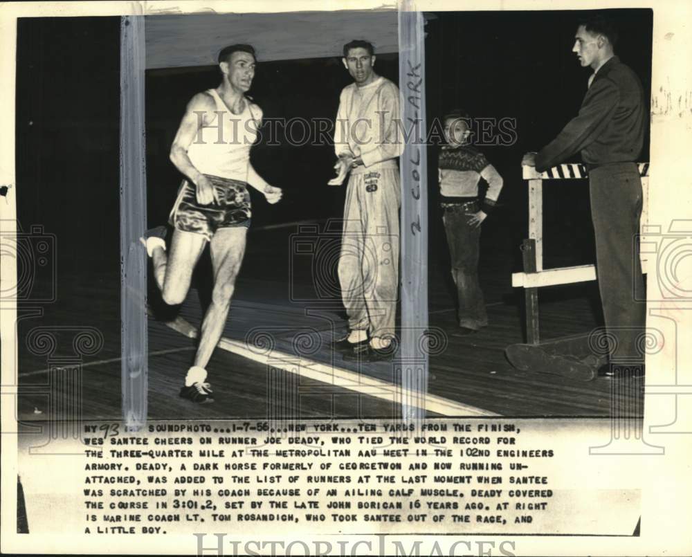 1956 Press Photo Runner Wes Santee Cheers on Joe Deady at Metropolitan AAU Meet- Historic Images