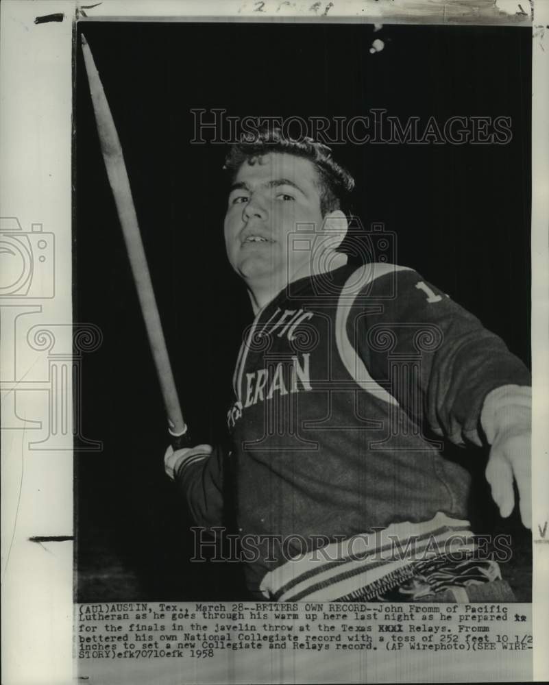 1958 Press Photo John Fromm prepares for javelin throw, Texas Relays, Austin, TX- Historic Images