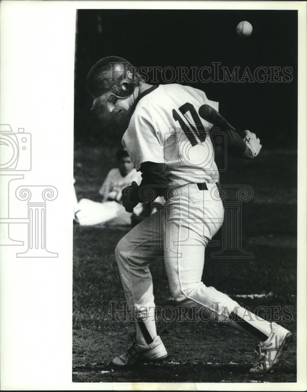 Press Photo Saratoga baseball player #10 Marty Migliori hits foul ball Press Photo Saratoga baseball player #10 Marty Migliori hits foul ball
