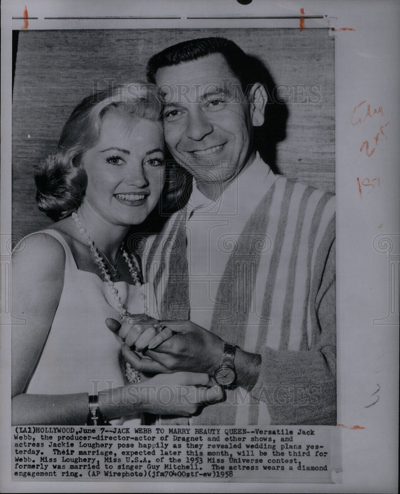 1958 Press Photo Jack Webb to marry Jackie Loughery - DFPD23327- Historic Images