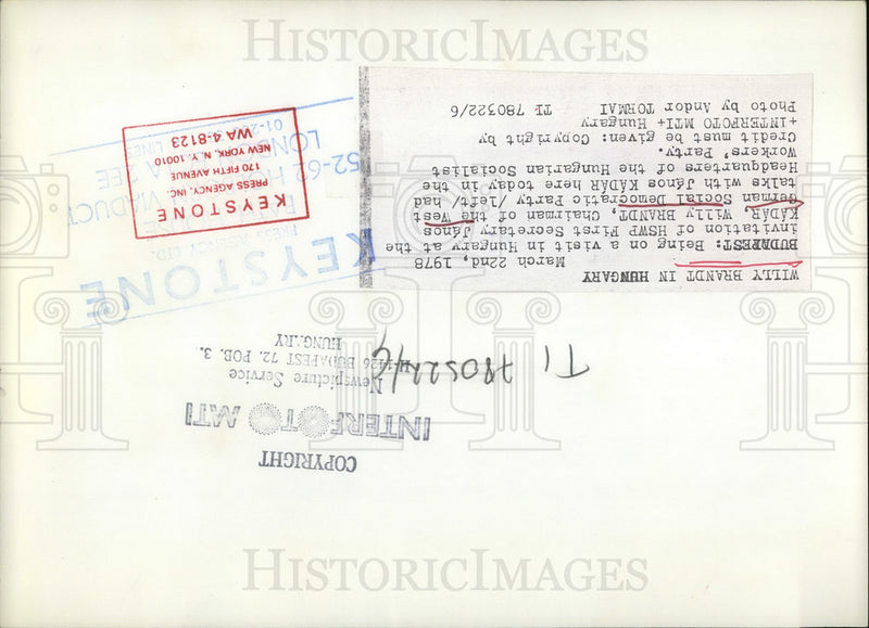 Load image into Gallery viewer, Press Photo German Politican Willy Brandt in Hungary
