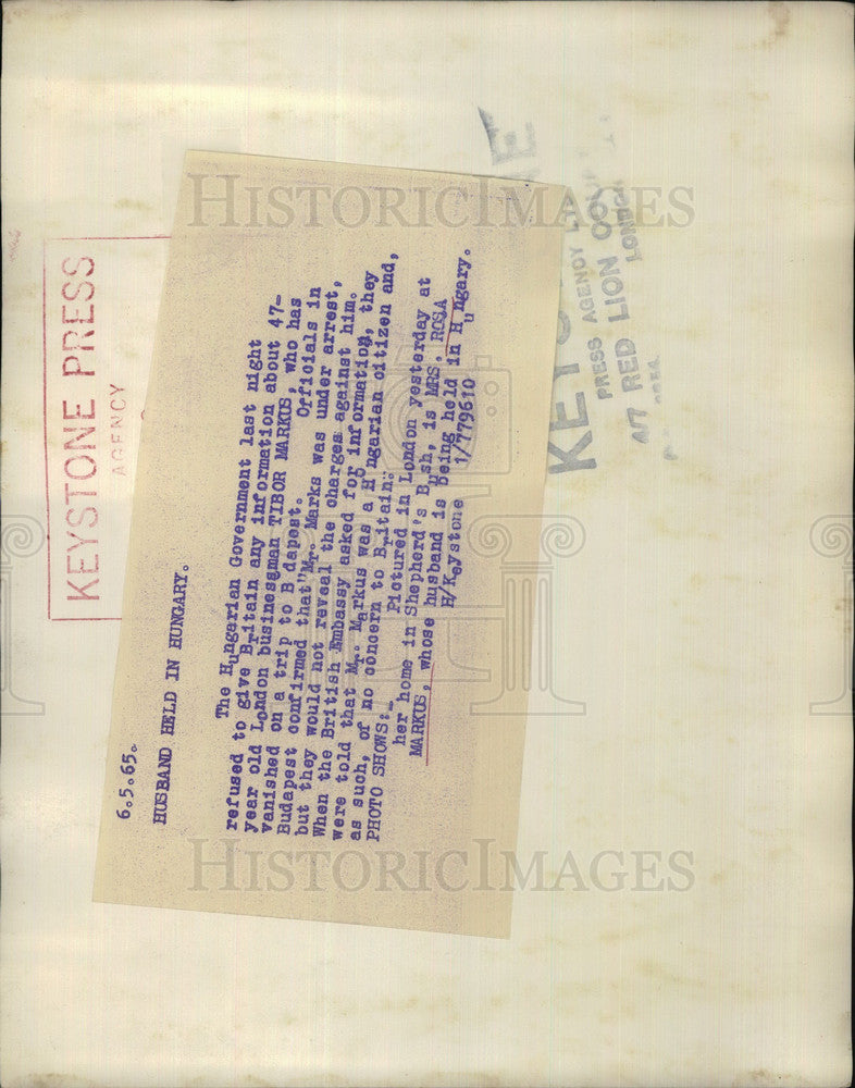 1965 Press Photo Wife Rosa Markus Businessman Husband Tiber Held In Hungary