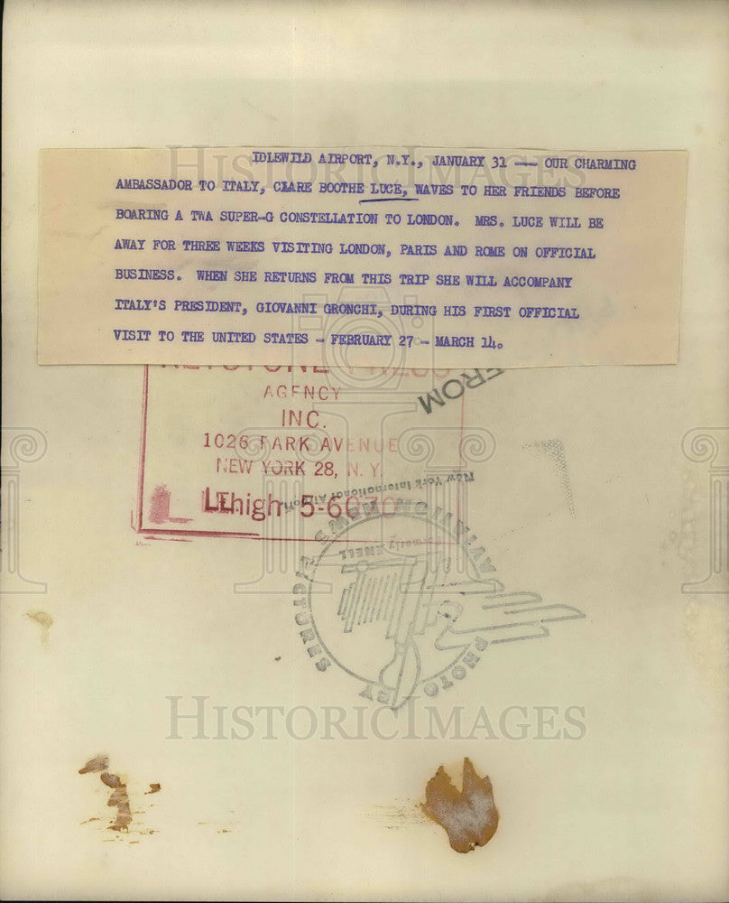 Press Photo US Amb to Italy Clare Booth Luce - KSB02657