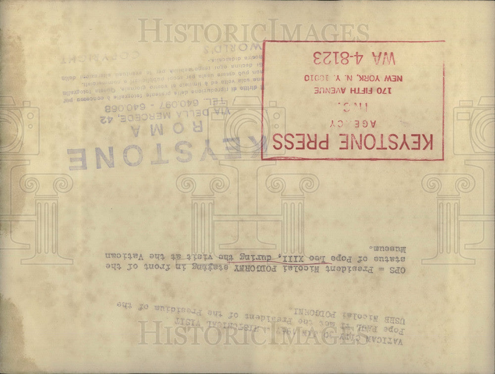 1967 Press Photo President Nicolai Podgorny & statue of Pope Leo XIII