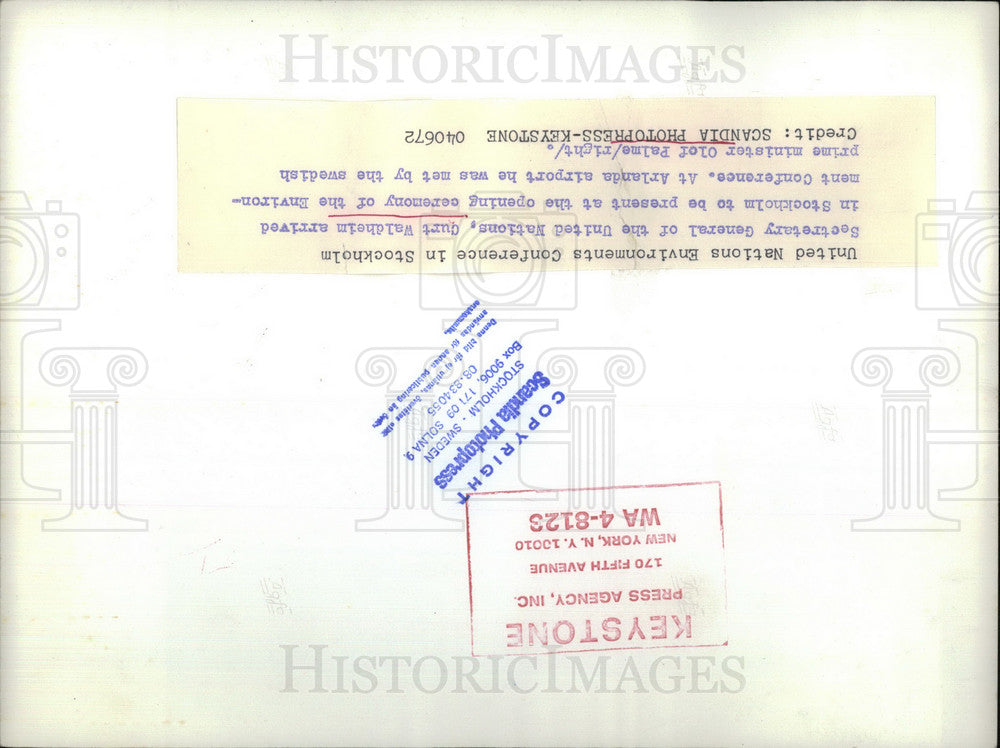 1972 Press Photo Secretary General UN Curt Waldheim arrived Stokhom Olof Palme