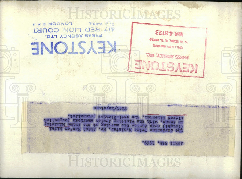 1969 Press Photo Jordan PM Abdul Mon'em Rifai w/journalist Alfred Lliental