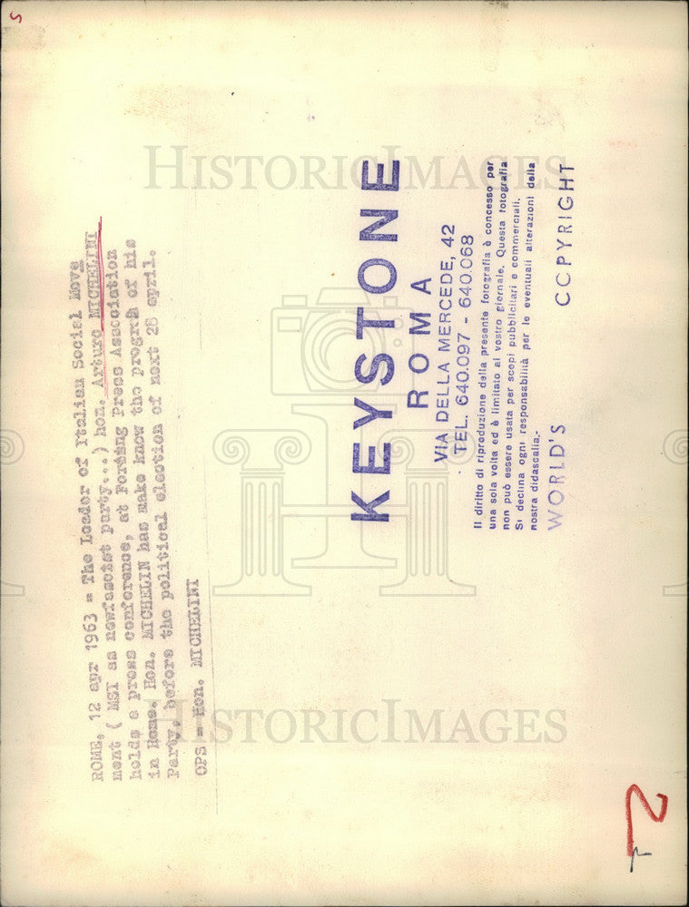 1963 Press Photo Italian Social Movement ,Hon. Arturo Micheline - KSB11481