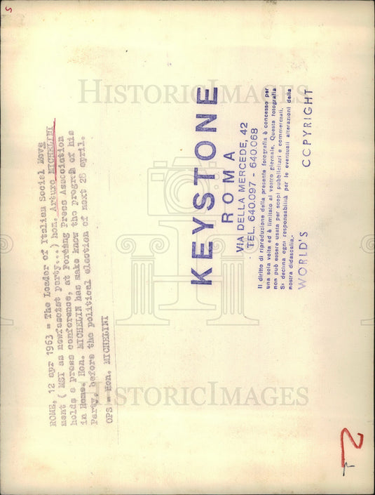 1963 Press Photo Italian Social Movement ,Hon. Arturo Micheline - KSB11481