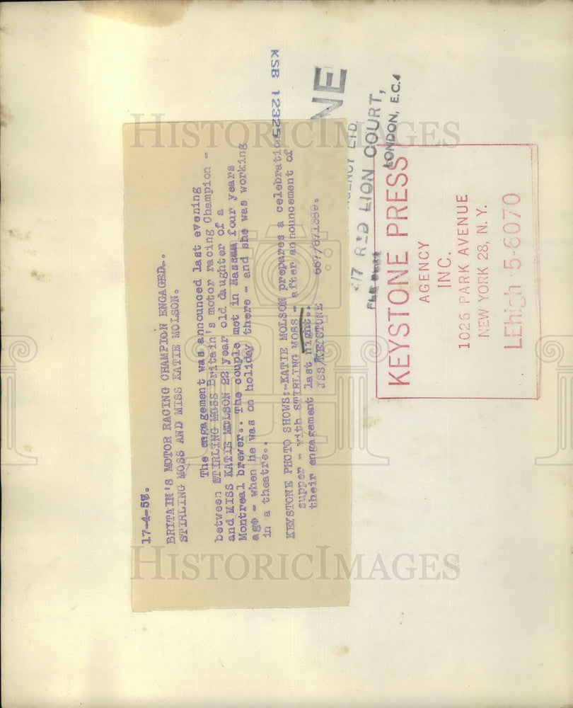 1958 Press Photo Britain's Racing Champ,Stirling Moss and Miss Katie Molson