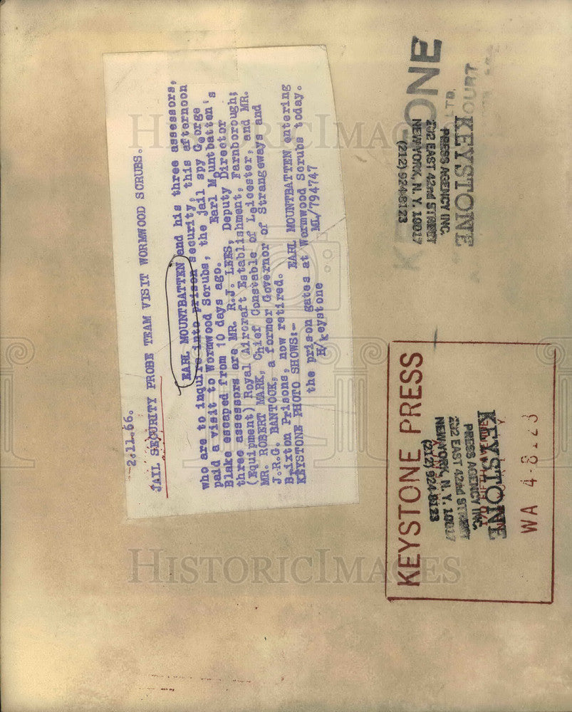 1966 Press Photo Earl Mountbatten Wormwood Scrubs Prison to inquire about it's s