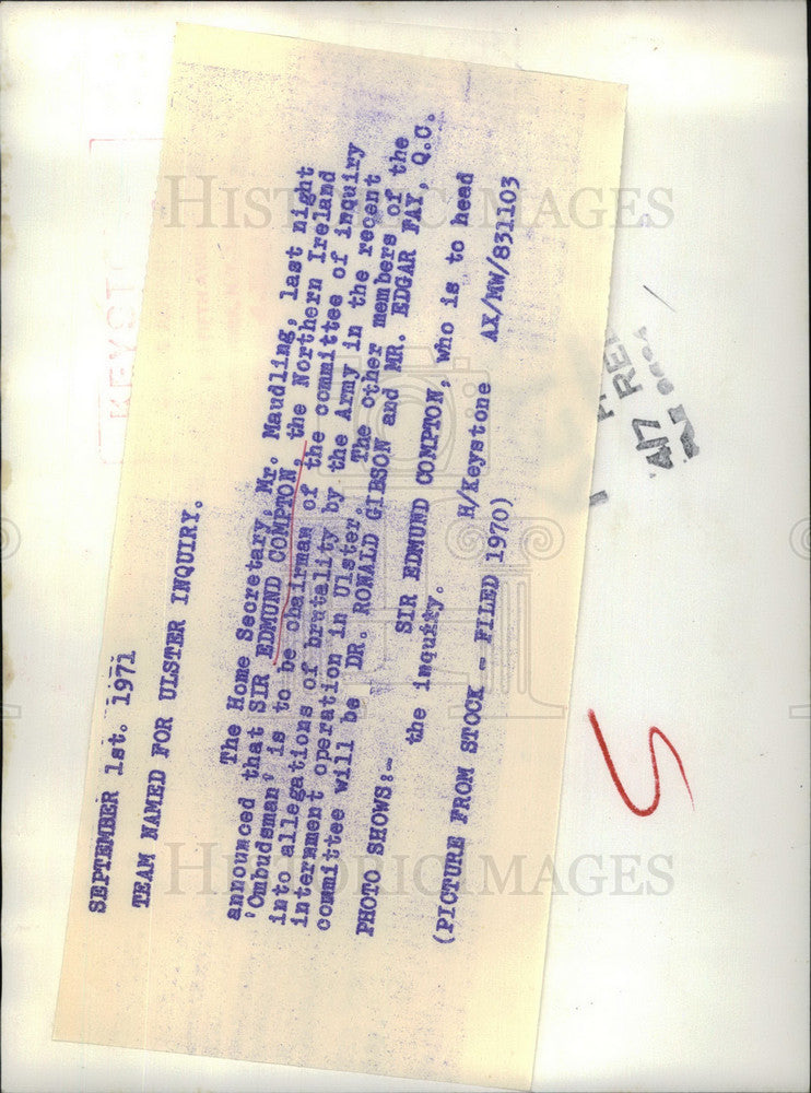 1971 Press Photo Sir Edmund Compton for Team Named For Ulster Inquiry