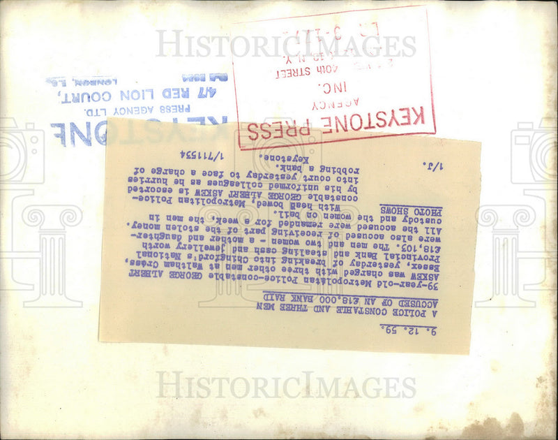 Load image into Gallery viewer, 1959 Press Photo Constable George Alberta Askew arrested for robbery - KSB30725
