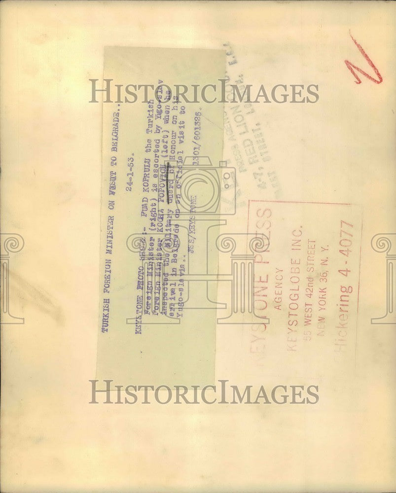 1953 Press Photo Turkish Foreign Minister Visits Belgrade - KSB36401