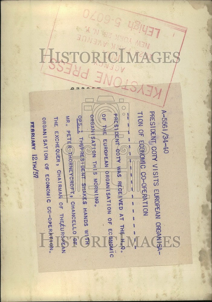 1957 Press Photo President Coty &Peter Thorneycroft, Chancello of the Exchequer