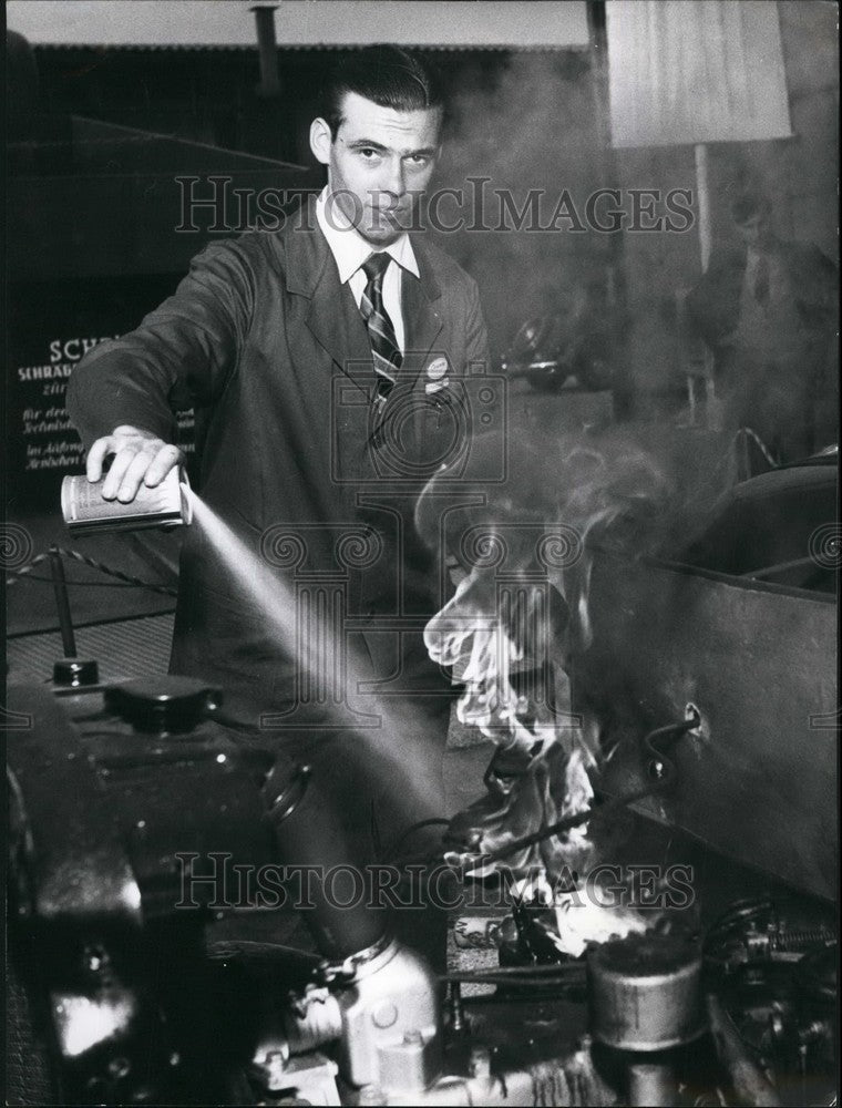 1955 Press Photo Burning Carburetors are Extinguished with "Loschzwerg"- Historic Images