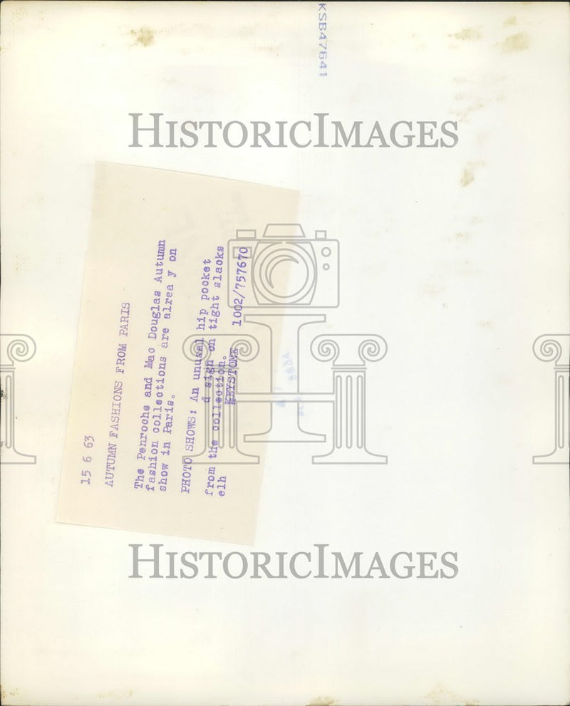 Load image into Gallery viewer, 1963 Press Photo Hip Pocket Design, Penroche, Mac Douglas Autumn Fashion
