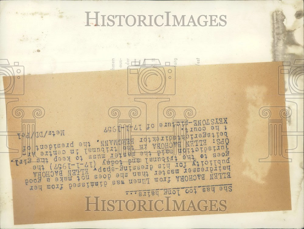 1957 Press Photo Ellen Bachora Linen At Tribunal For Being Dismissed By Boss