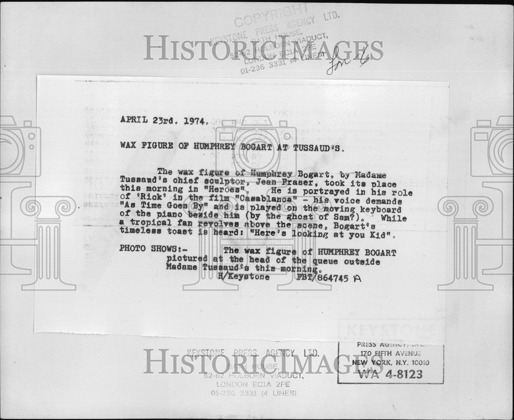 1974 Press Photo Wax Figure Of Humphrey Bogart At Tussaud's - KSB60289