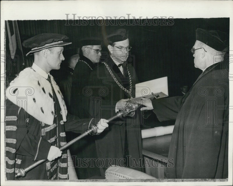 Load image into Gallery viewer, 1957 Press Photo Denis Powell Pritt Oath Law Faculty Prague Honorary Degree
