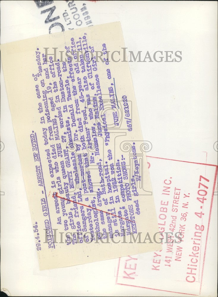 1954 Press Photo Beauty contestant June Malins dead of poison - KSB65453