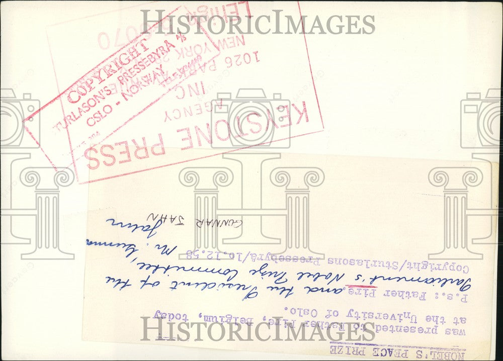 1958 Press Photo Nobel Peace Prize Awarded to Father Pire of Belgium - KSB74093