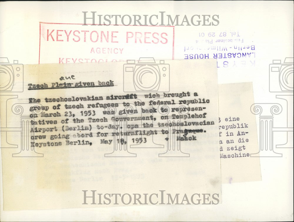 1953 Press Photo Czechoslovakian Plane, Carried Refugees - KSB74887