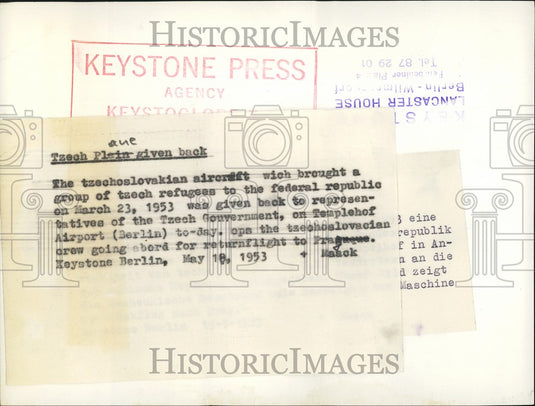1953 Press Photo Czechoslovakian Plane, Carried Refugees - KSB74887