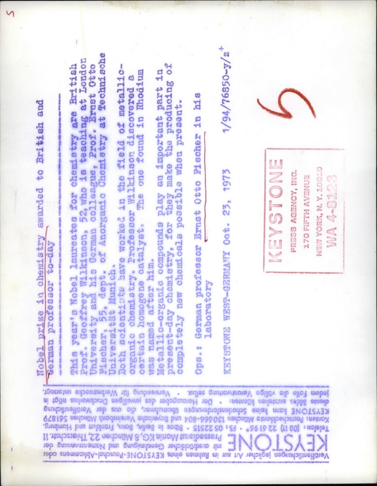 1973 Press Photo Nobel Prize in Chemistry,Professor Ernst Otto Fischer