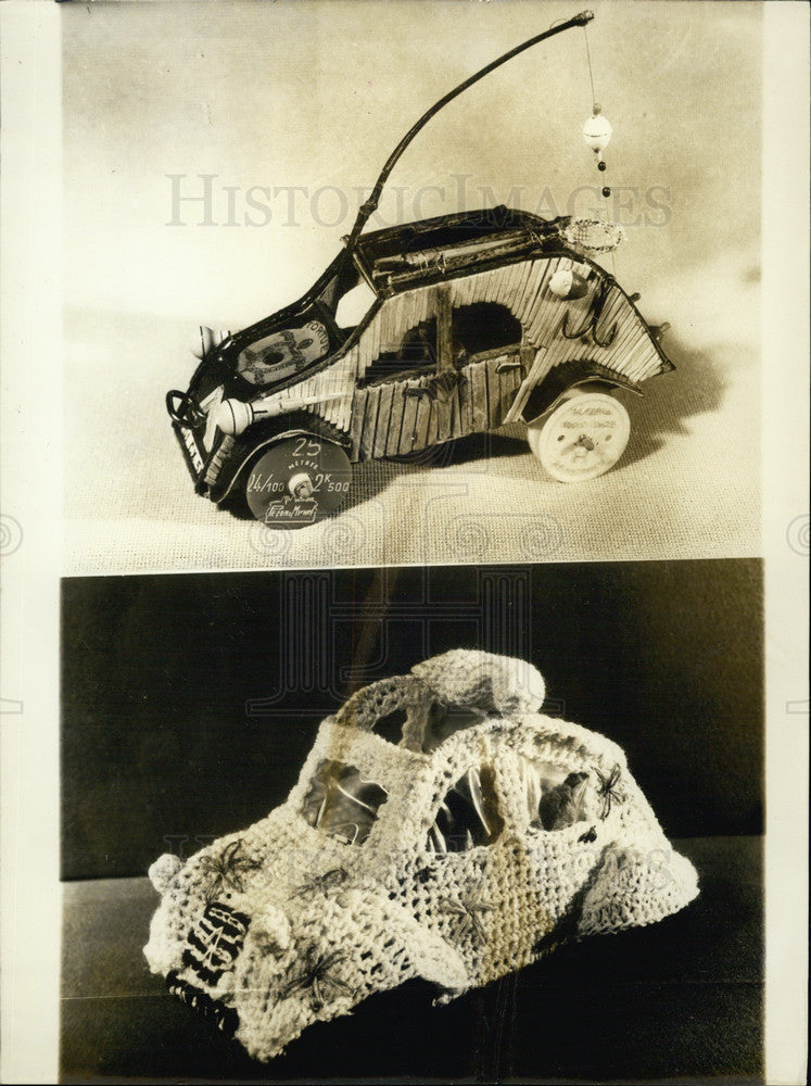 Load image into Gallery viewer, 1972 Press Photo Matchstick Car and a Crocheted Car
