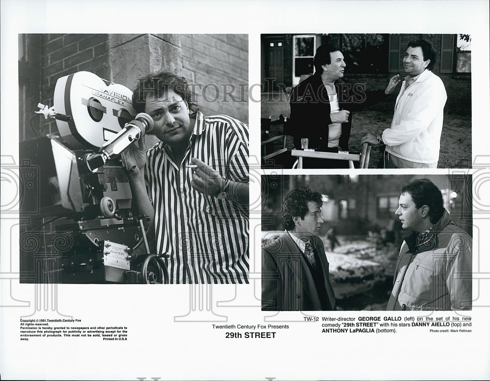 1991 Press Photo George Gallo, Danny Aiello, Anthony LaPaglia, &quot;29th Street&quot;- Historic Images