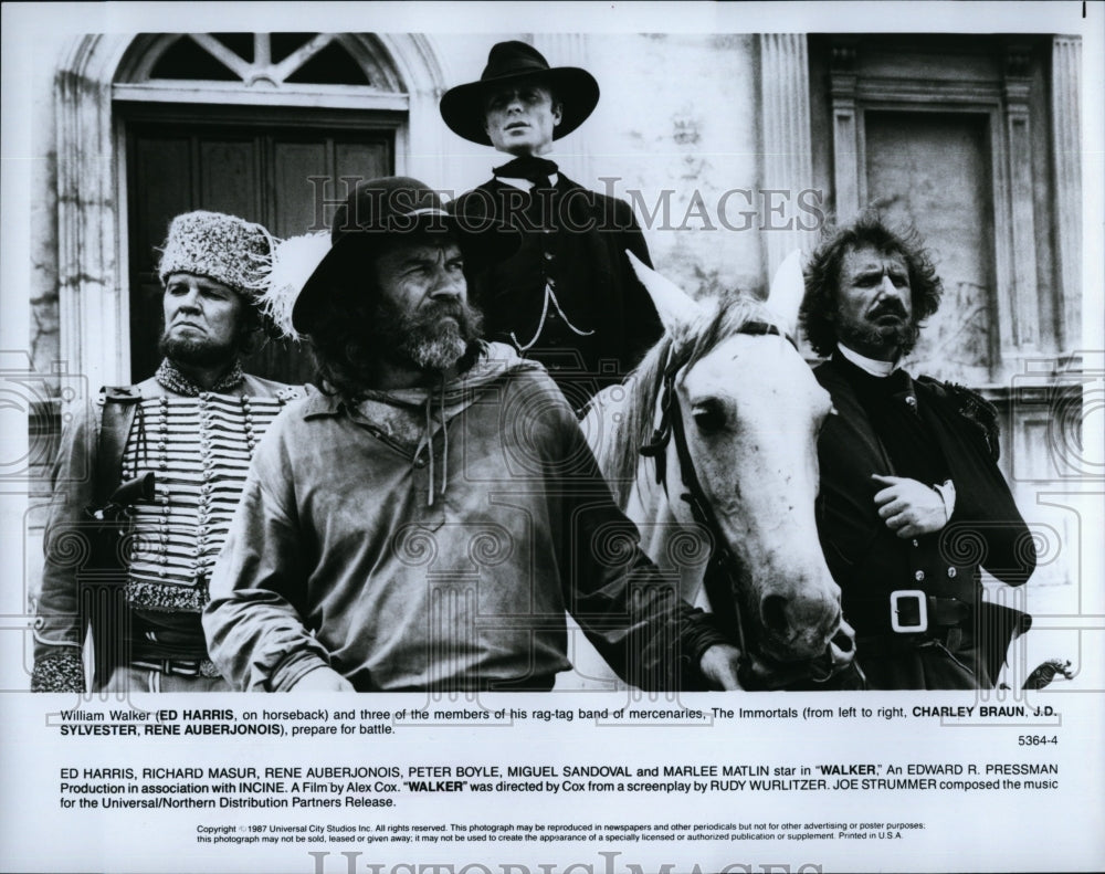 1987 Press Photo Actors Ed Hariis, Charley Braun &amp; JD Sylvester in &quot;Walker&quot;- Historic Images