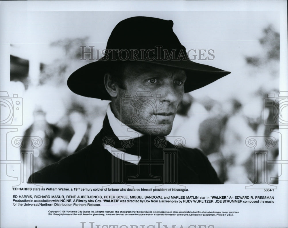 1987 Press Photo Actor Ed Harris in &quot;Walker&quot;- Historic Images